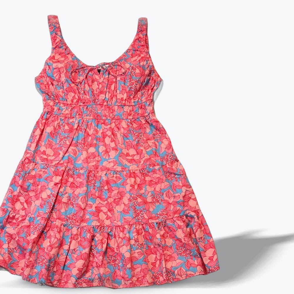Gap Womens Pink Blue Floral Tiered Mini Dress Smocked Waist Cotton Size S